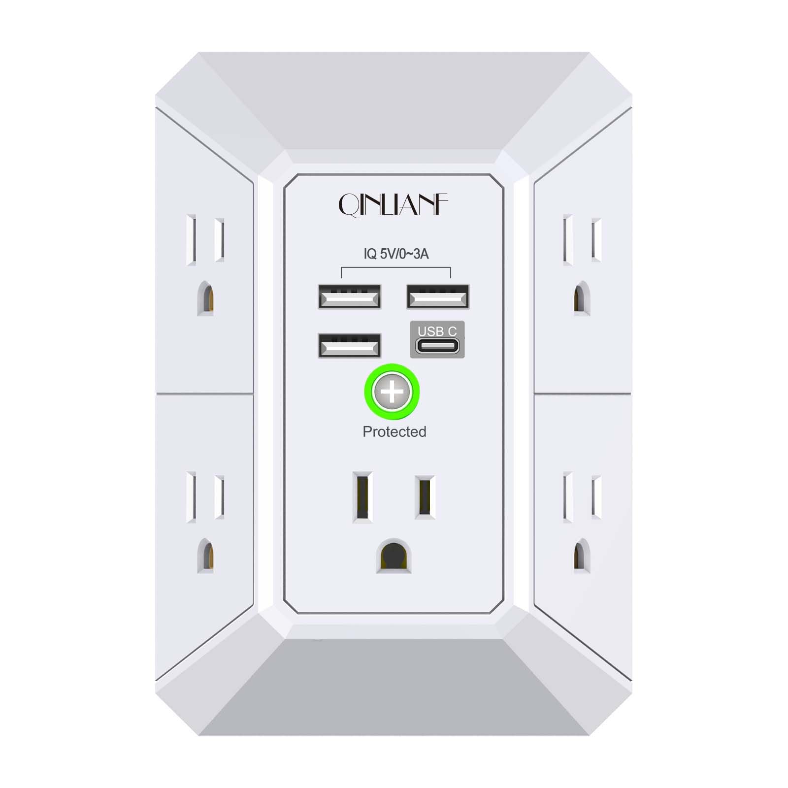 Wall Charger, Surge Protector, QINLIANF 5 Outlet Extender with 4 USB Charging Ports (4.8A Total) 3-Sided 1680J Power Strip Multi Plug Adapter Spaced for Home Travel Office (3U1C)