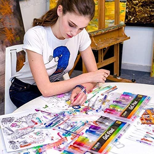100 Gel Pen Coloring Set - Neon, Fluorescent, Glitter, Metallic, Pastel Gel Pens for Adults - No Duplicates Non Toxic Color Gel Pens