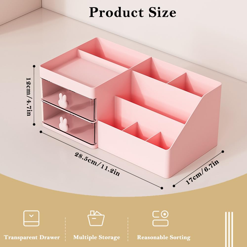 Haiansan Makeup Organizer for Vanity, Cosmetic Storage Box with Drawer, Desktop Organizer for Office Supplies, Bathroom Counter or Dresser, Gift for Girlfriend Wife Women Lady Girl (Pink)