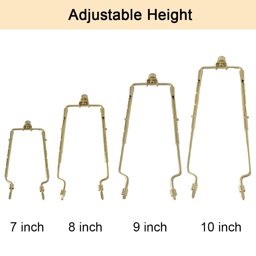 LISSION Lamp Shade Harp Holder, Adjustable Lampshade Adapter Height 7 8 9 10 inch, with Standard Saddle, E14 E26 E27 Adapter Base UNO Fitter Adapter Converter Finial Set, Golden Color