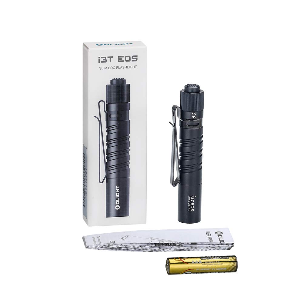 OLIGHT I3T EOS Slim EDC Flashlight, 180 Lumens Tail Switch Tiny Flashlight with Dual Direction Pocket Clip, Powered by AAA Battery, for Dog Walking, Camping, Hiking (Black)