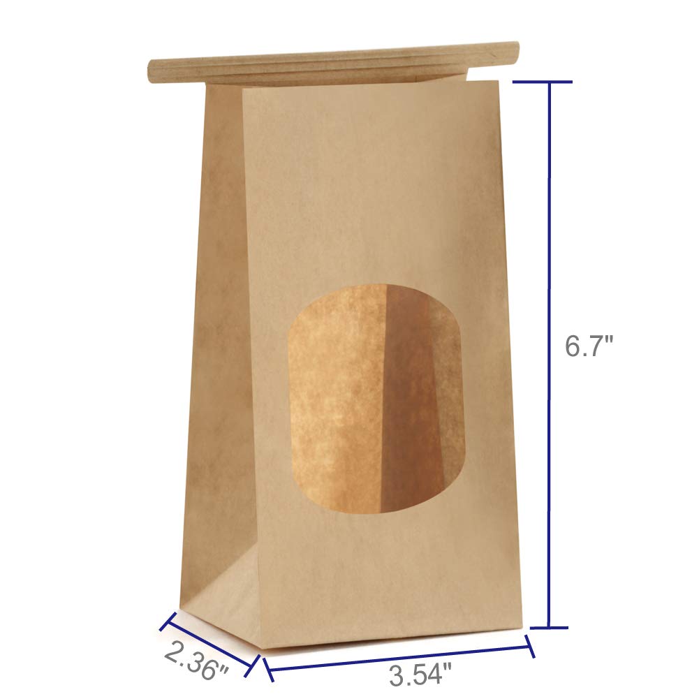 BagDream Cookie Bags 50Pcs 3.54x2.36x6.7 Inches Brown Kraft Paper Bags with Window Tin Tie Tab Lock Recyclable Treat Bags for Coffee Bean Bread Muffin Popcorn Party Wedding