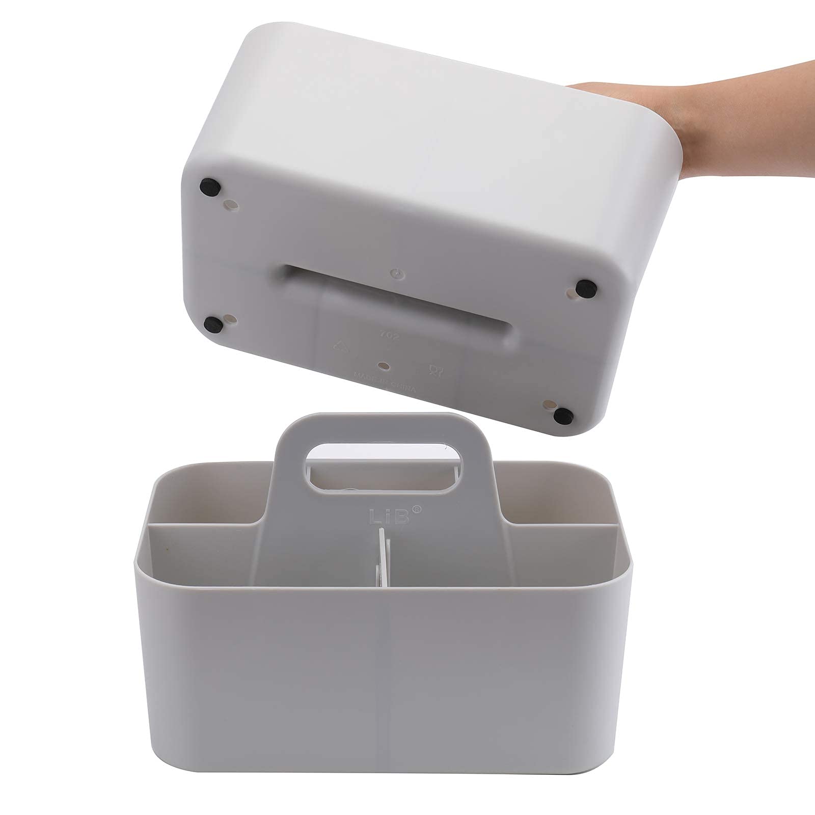 Jucoan 2 Pack Desk Organizer Caddy, Stackable Plastic Makeup Storage Baskets with Adjustable Dividers, 5 Compartments Portable Tote Bin for Bathroom Counter, Desk, Office Supplies Organization (Beige)