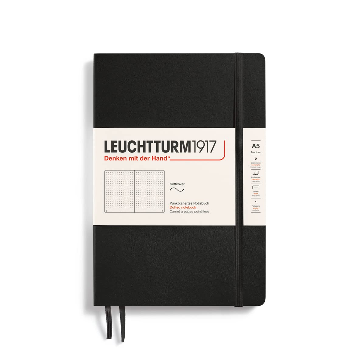 LEUCHTTURM1917 - Notebook Softcover Medium A5-123 Numbered Pages for Writing and Journaling (Dotted, Black)