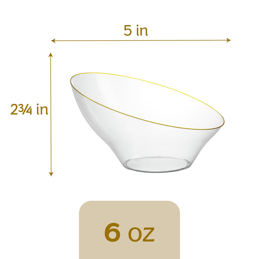 PLASTICPRO Angled Plastic Bowls Disposable Small Plastic Clear Serving Bowls with Gold Rim for Party for Appetizer Salads Pack of 8