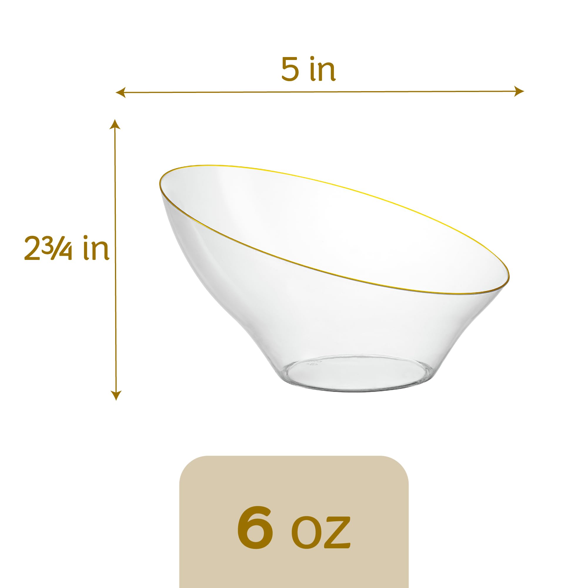 PLASTICPRO Angled Plastic Bowls Disposable Small Plastic Clear Serving Bowls with Gold Rim for Party for Appetizer Salads Pack of 8