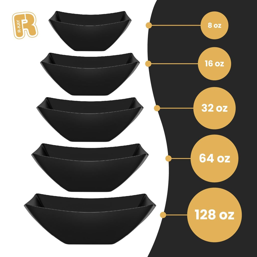 R-kay 6 Pack Square Plastic Black Serving Bowls - Black Plastic bowls 64 Oz - Salad Bowls Large Serving - Premium Heavy Duty For Weddings Catering And Birthday parties