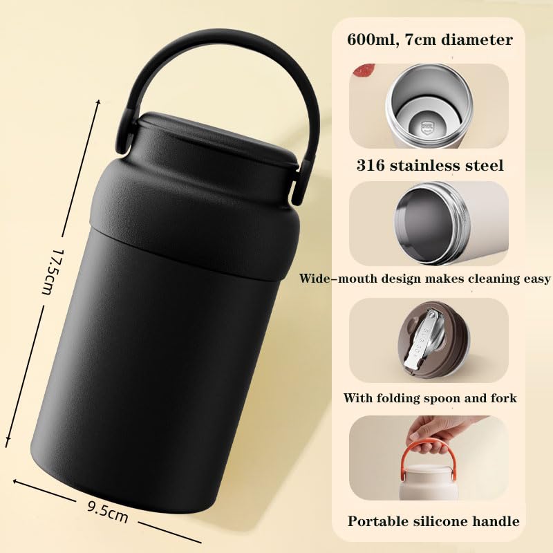 Insulated Food Jar (Black), 600ml 316 Stainless Steel Thermal Flask for Hot & Cold Meals, Double Wall Vacuum Insulated, Leak-Proof Vacuum Food Container with Folding Spoon & Fork