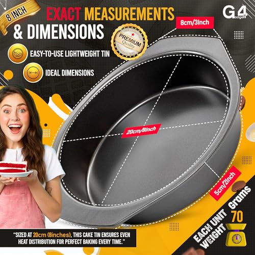 G4gadget 8 Inch Round Cake Pans, Non stick Deep Baking Pan for Round Layer & Cheese cake, Non-Toxic Healthy Metal Cake Tin for Birthday Wedding Party, Straight Side & Dishwasher Safe - Set of 2