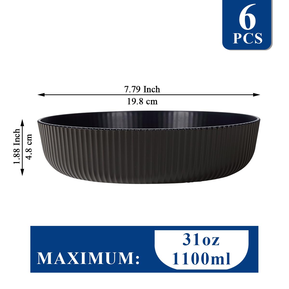 Homquen Pasta Bowls Set of 6, 37oz Salad Bowls Black Soup Bowls, Large Pasta Serving Bowls, Unbreakable Plastic Dinner Bowls, Dinnerware Sets,Valentines Day Gift, Dishwasher Safe (Black)