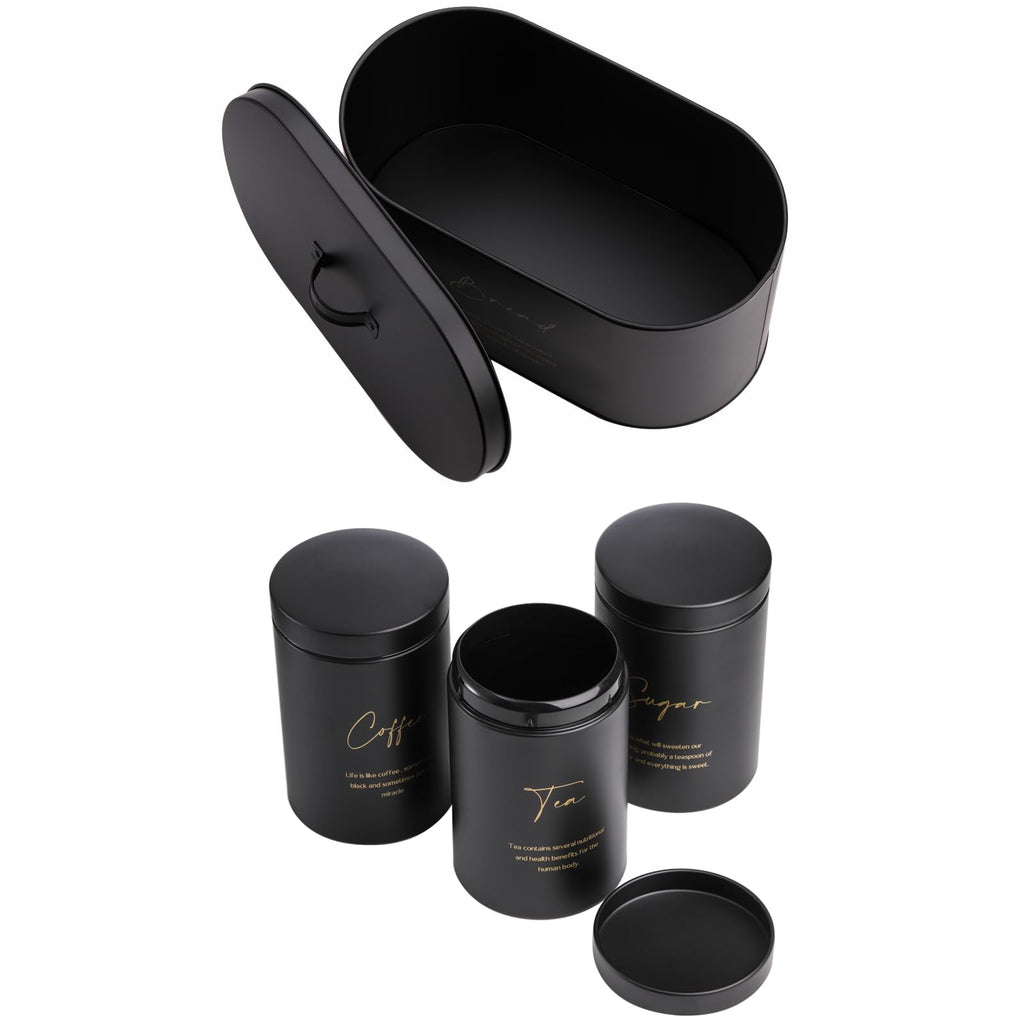 Hacaroa Set of 4 Bread Box and Canister Set for Kitchen Countertop, Metal Bread Bin Sugar Tea Coffee Storage Canister with Lid, Biscuit Tin Set for Loaf, Pastry, Dry Food, Black