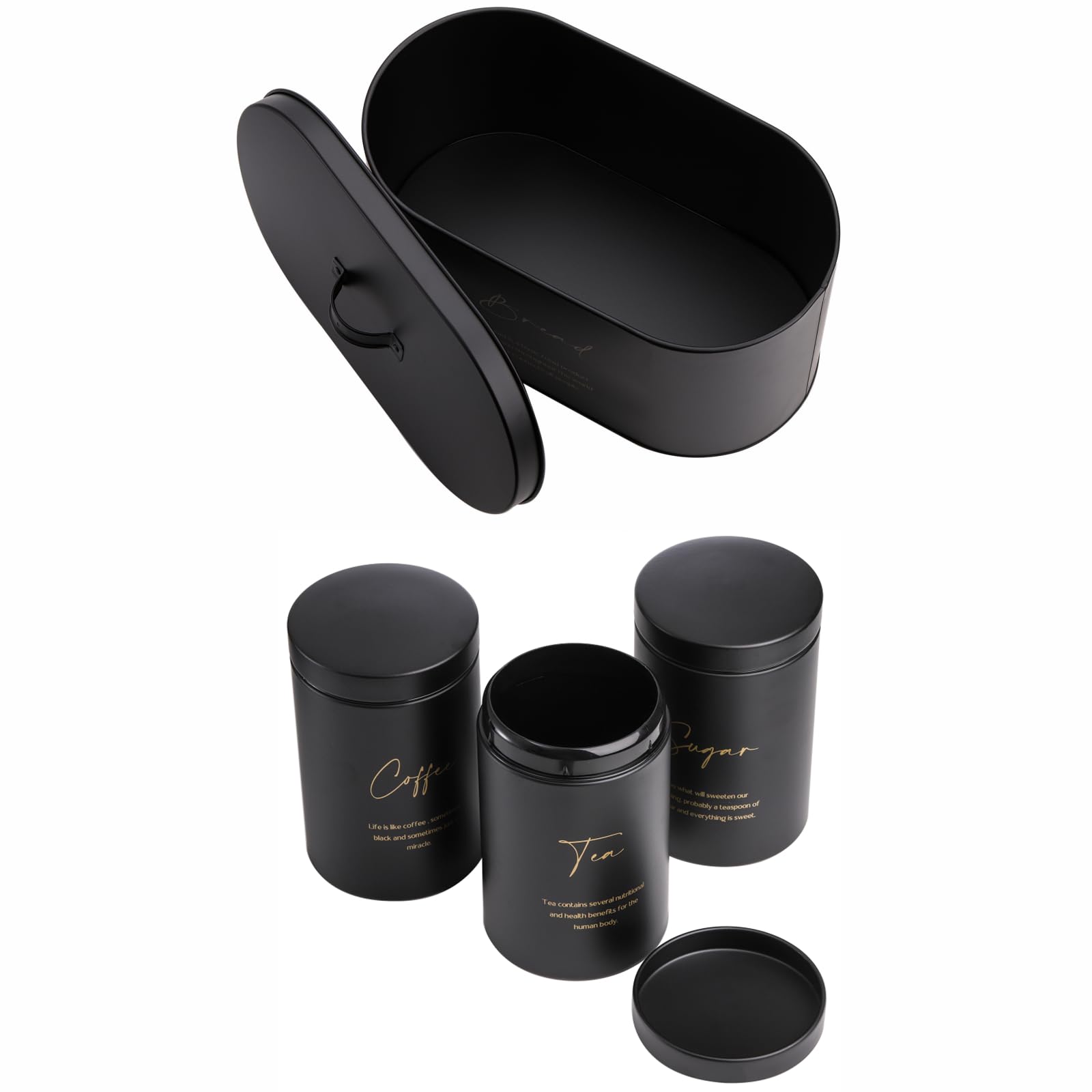 Hacaroa Set of 4 Bread Box and Canister Set for Kitchen Countertop, Metal Bread Bin Sugar Tea Coffee Storage Canister with Lid, Biscuit Tin Set for Loaf, Pastry, Dry Food, Black