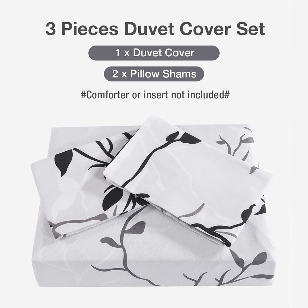 Conworld Reversible Duvet Cover Queen, White Black Tree Branch Pattern Queen Duvet Cover Set 3pc Soft Microfiber Breathable Botanical Bedding Sets with Zipper Ties