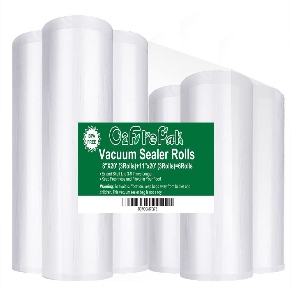 O2frepak 6Pack 8"x20'(3Rolls) and 11"x20' (3Rolls) Vacuum Sealer Bags Rolls with BPA Free,Heavy Duty Vacuum Sealer Storage Bags Rolls,Cut to Size Roll,Great for Sous Vide