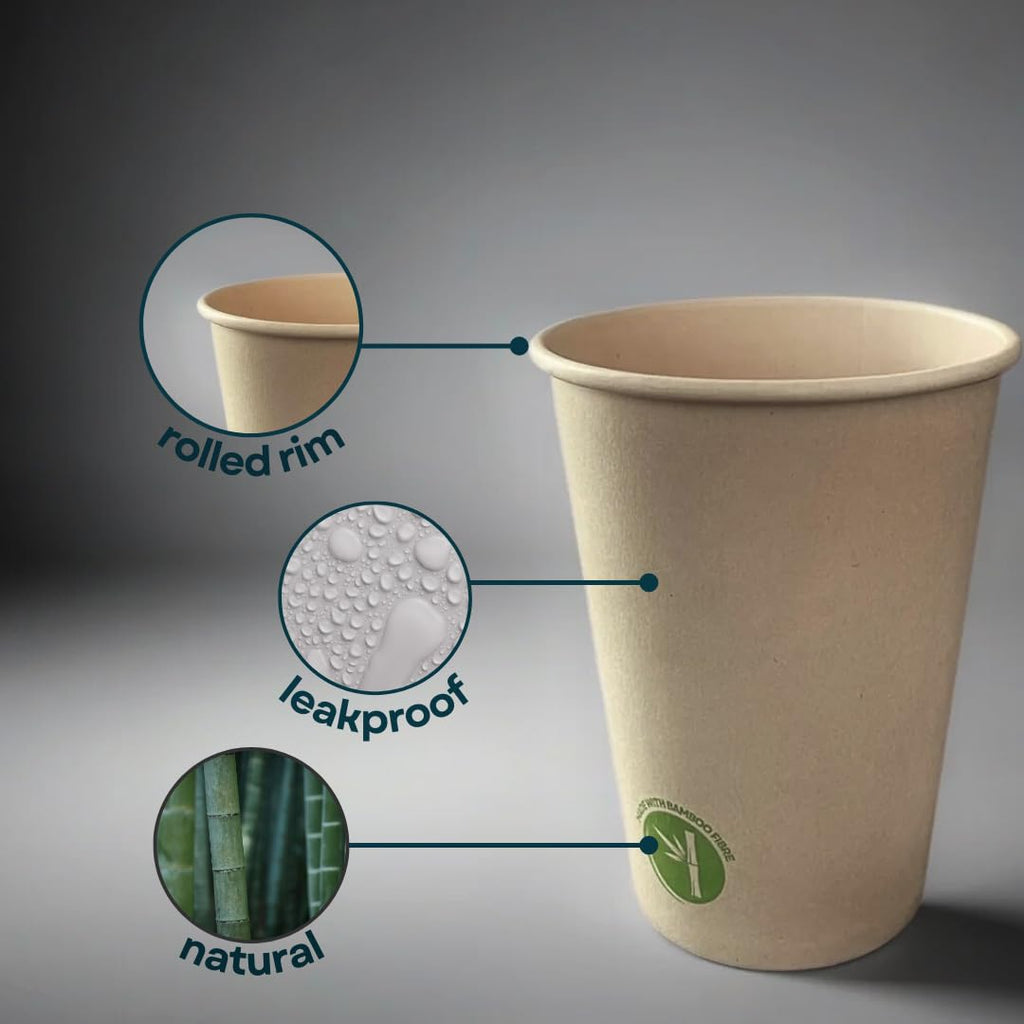 (100 Pack) 12oz Bamboo Hot Coffee Cups - Bamboo Fibre Disposable Coffee Cup for Home and Office