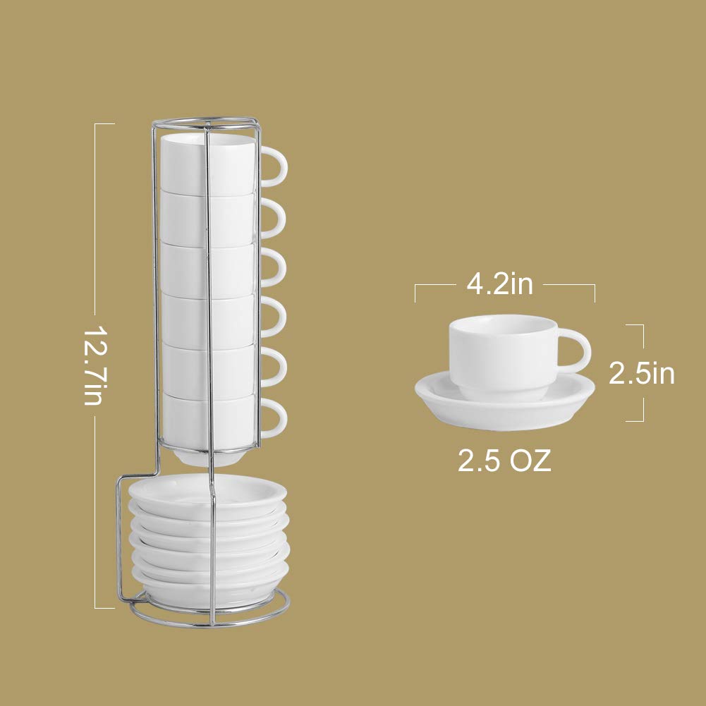 Sweejar 2.5Oz Porcelain Espresso Cup & Saucer Set, Stackable Demitasse Cups with Metal Stand, Coffee,Cafe Mocha,Tea, Latte, Set of 6 (Multicolour)
