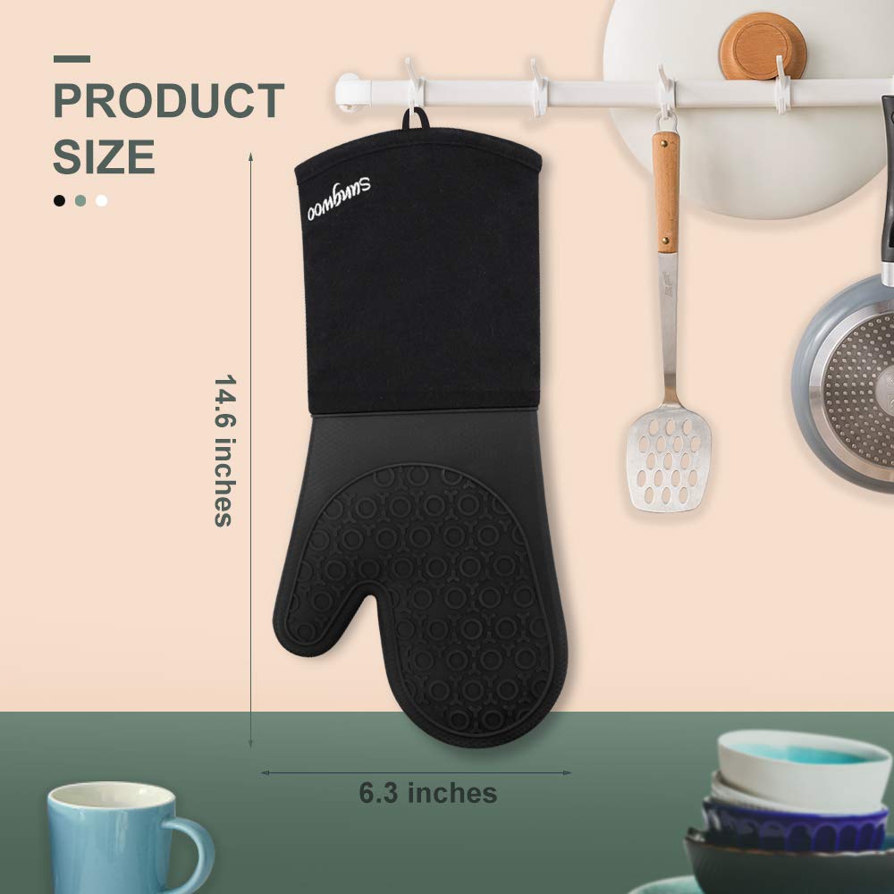 Sungwoo Extra Long Silicone Oven Mitts, Heat Resistant Oven Gloves with Quilted Liner Non-Slip Textured Grip Perfect for BBQ, Baking and Grilling - 14.6 Inch Black