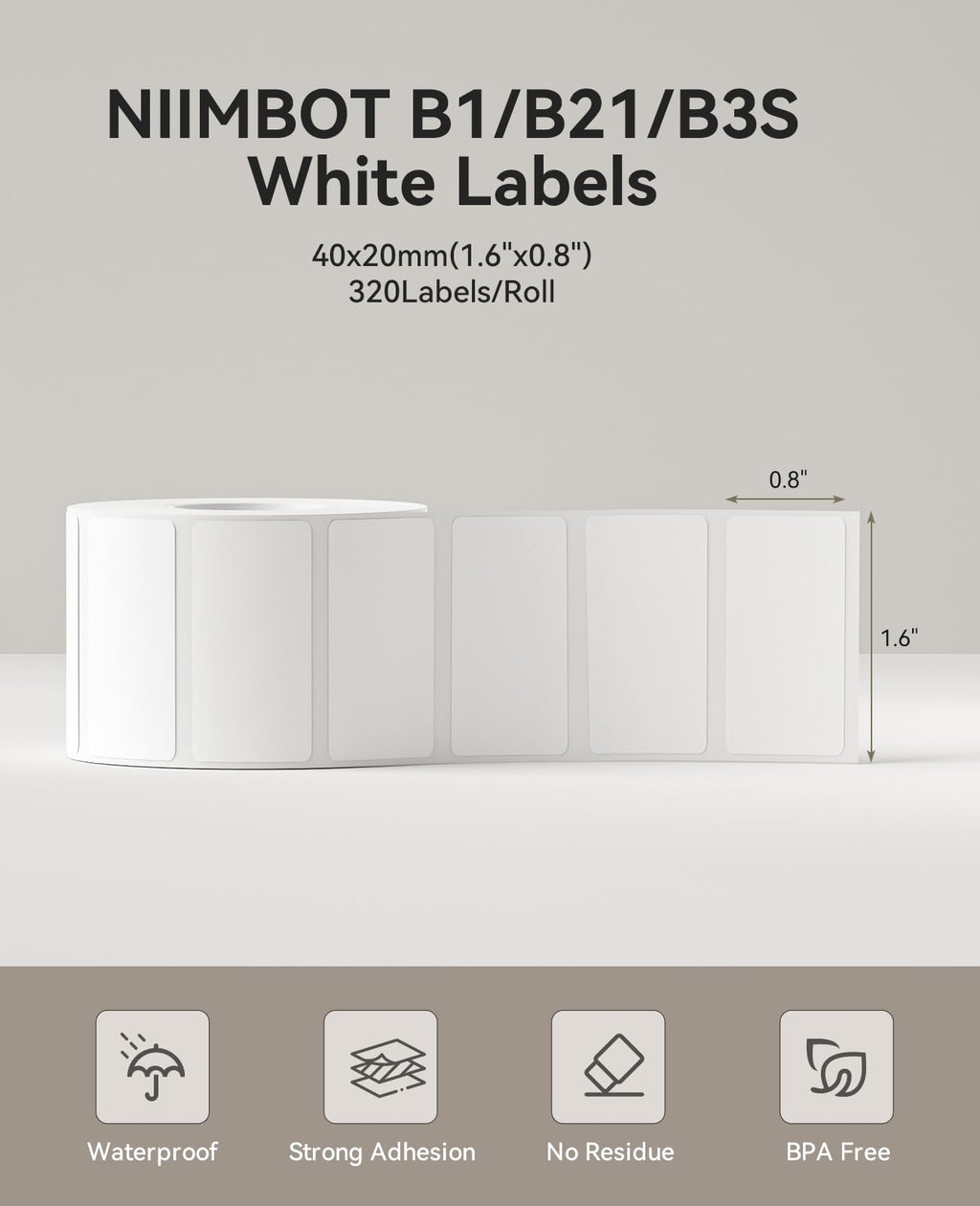 NIIMBOT Label Tape for B1/B21/B3S, 1.6'' x 0.8'' (40x20mm), 230 Labels/Roll, Thermal Label Tape for Marson Jar/Bakery/Grocery/Barcode/Return Address/Small Business, White