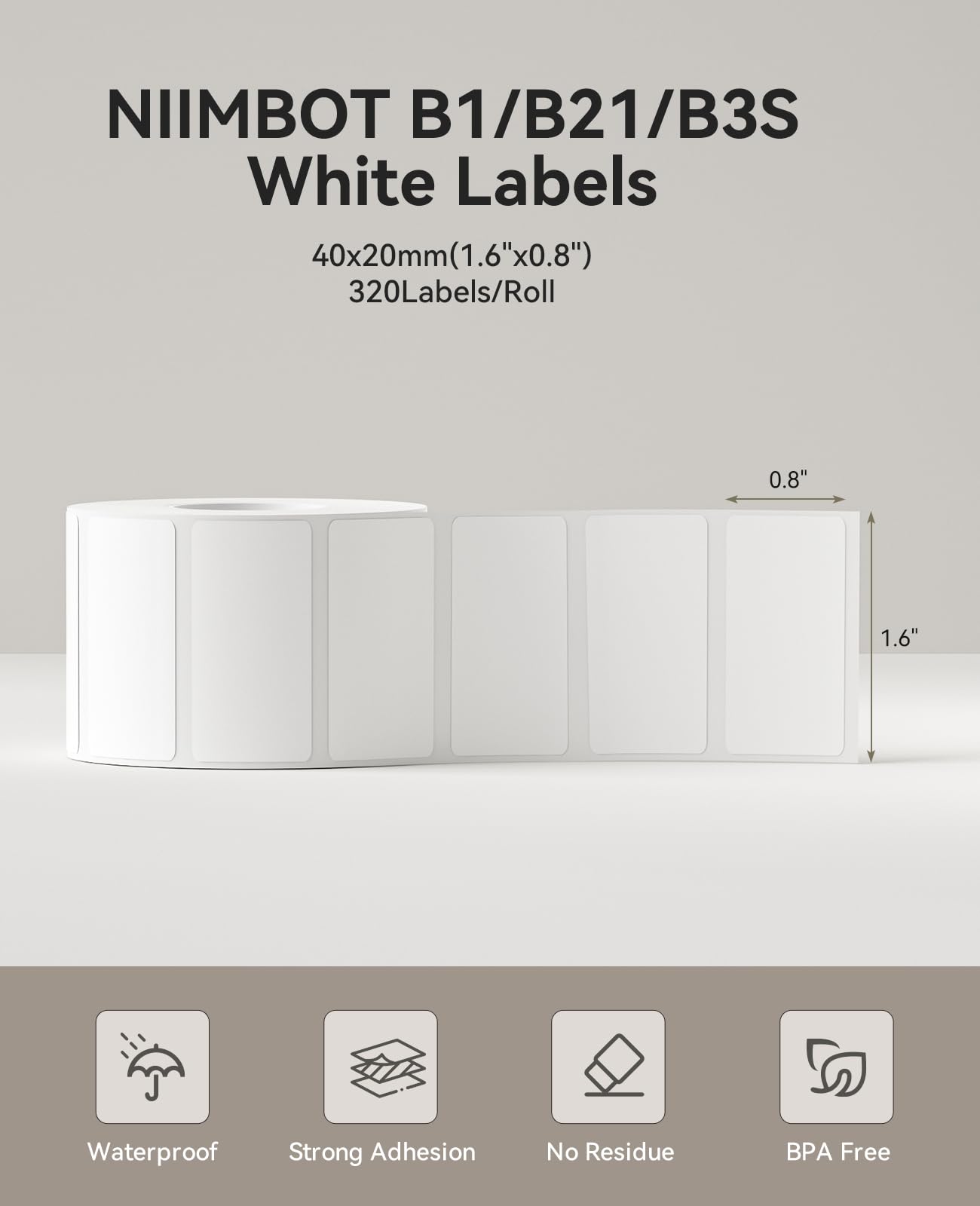 NIIMBOT Label Tape for B1/B21/B3S, 1.6'' x 0.8'' (40x20mm), 230 Labels/Roll, Thermal Label Tape for Marson Jar/Bakery/Grocery/Barcode/Return Address/Small Business, White