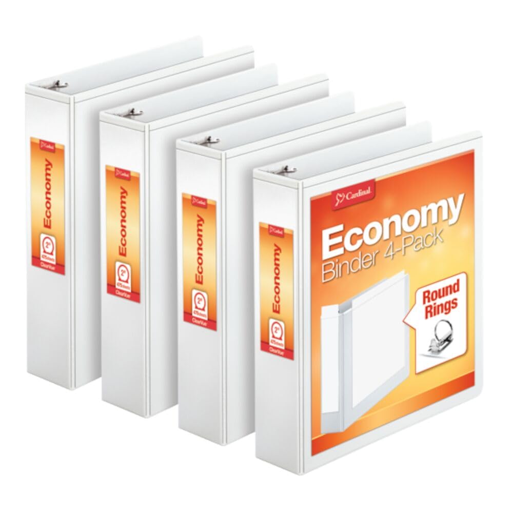 Cardinal Binders 3 Ring, 2 Inch, White, ClearVue View Cover, 475-Sheet Capacity, PVC-Free, Recycled Fiber, 2 Interior Pockets, 4-Pack for School, Office or Home Organization