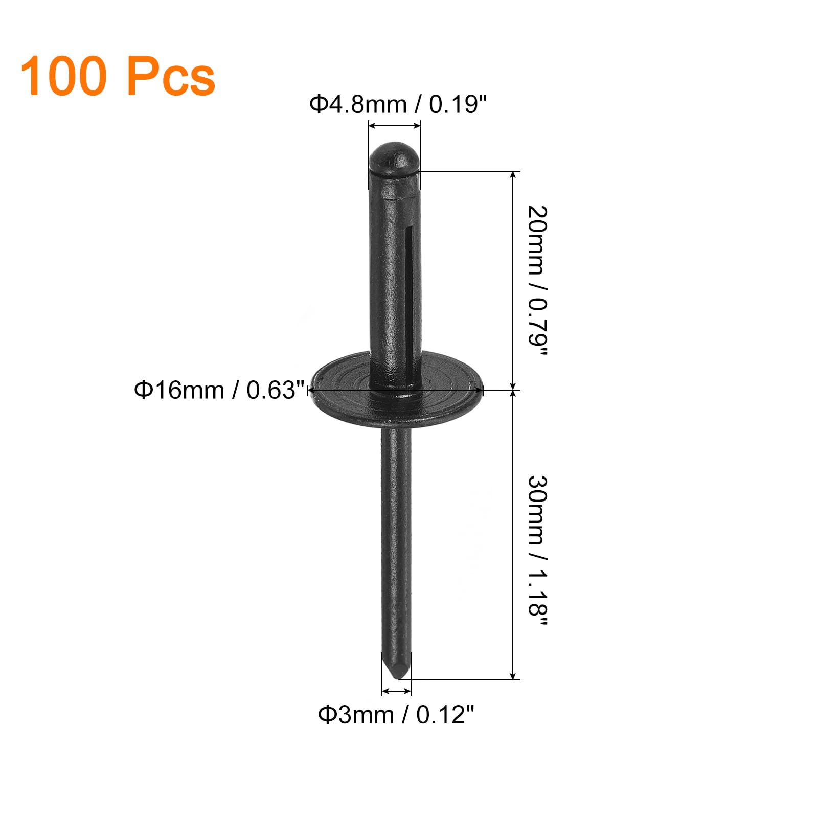 uxcell 100Pcs 3/16"x3/4" Aluminum Large Head Tri Grip Rivets, Large Flange Tri Grip Rivets for DIY, Sheet Metal, Automotive Repairs, Furniture, Marine Boat (Black)