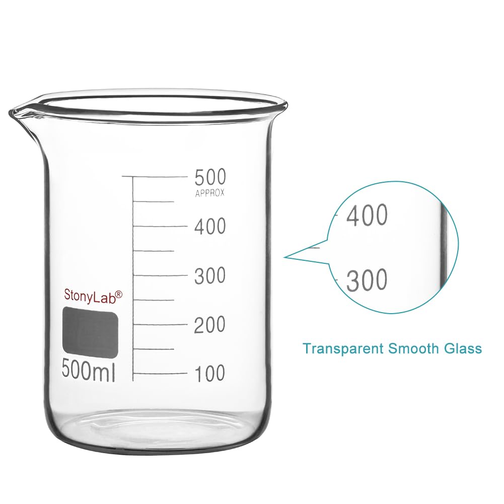 stonylab Glass Beaker, 1 Pack Borosilicate Glass Graduated Low Form Griffin Beaker with Pouring Spout Lab Beaker, 500 ml