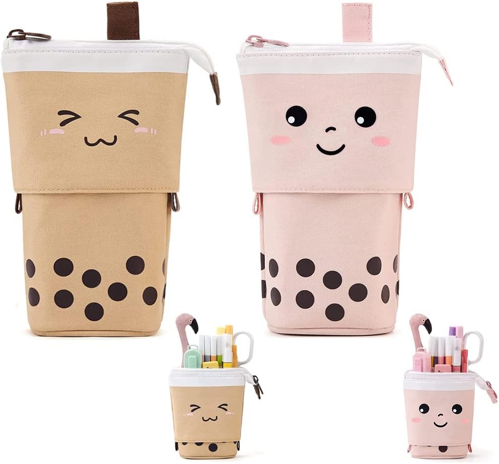 2 Pack Cute Pencil Case Standing Pen Holder Standing Pencil Case Cute Telescopic Kawaii Stationery Pouch Makeup Cosmetics Bag for School Students Office Women Teens Girls Boys,Pink&Brown
