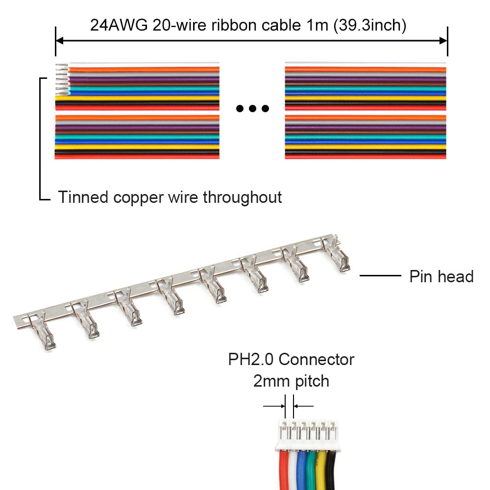 JST PH 2.0 Connectors Pin Header and Ribbon Cable Wire Kit 2.0mm Pitch JST PH - 2/3/4/5/6/7/8 Female Pin Male Housing