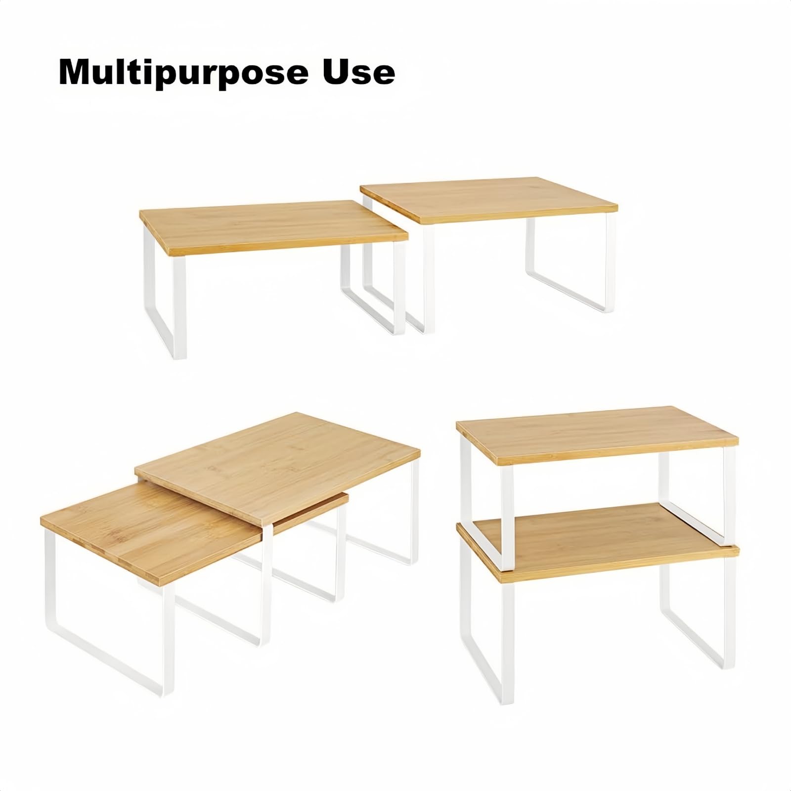 NEX Bamboo Kitchen Cabinet and Counter Shelf Organizer, Stackable & Expandable, Set of 4, White and Natural