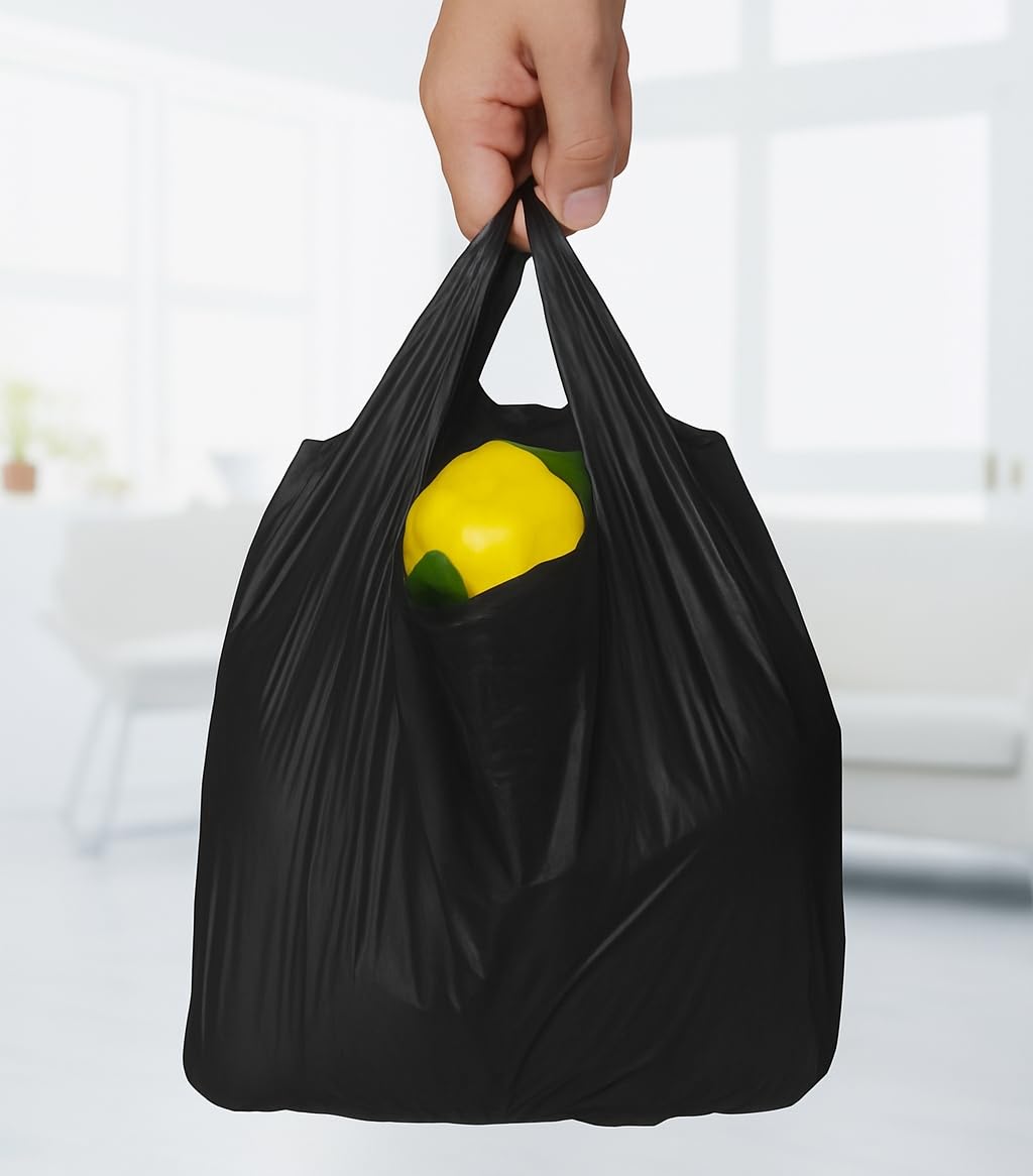 JASINCESS Plastic Bags with Handles 400 Count Black T Shirt Bags Retail Plastic Bags Shopping Carrier Merchandise Bags for Supermarket, Restaurant- 400 PCS