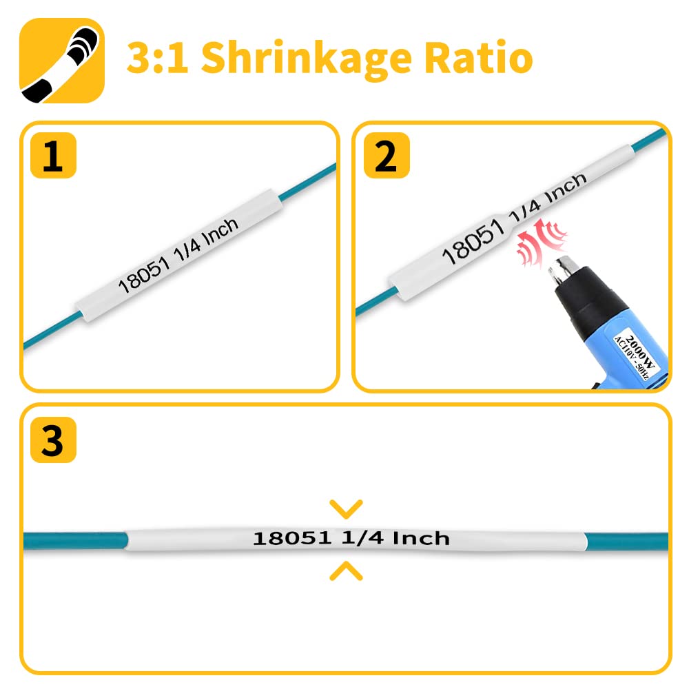 Rhino 18051 Compatible Dymo 4200 Rhino Heat Shrink Tube Labels for DYMO 18051 1/4" 6mm Industrial Label Tapes Work with DYMO 4200 5200 5000 6000 Industrial Label Maker, Black on White, 3-Pack