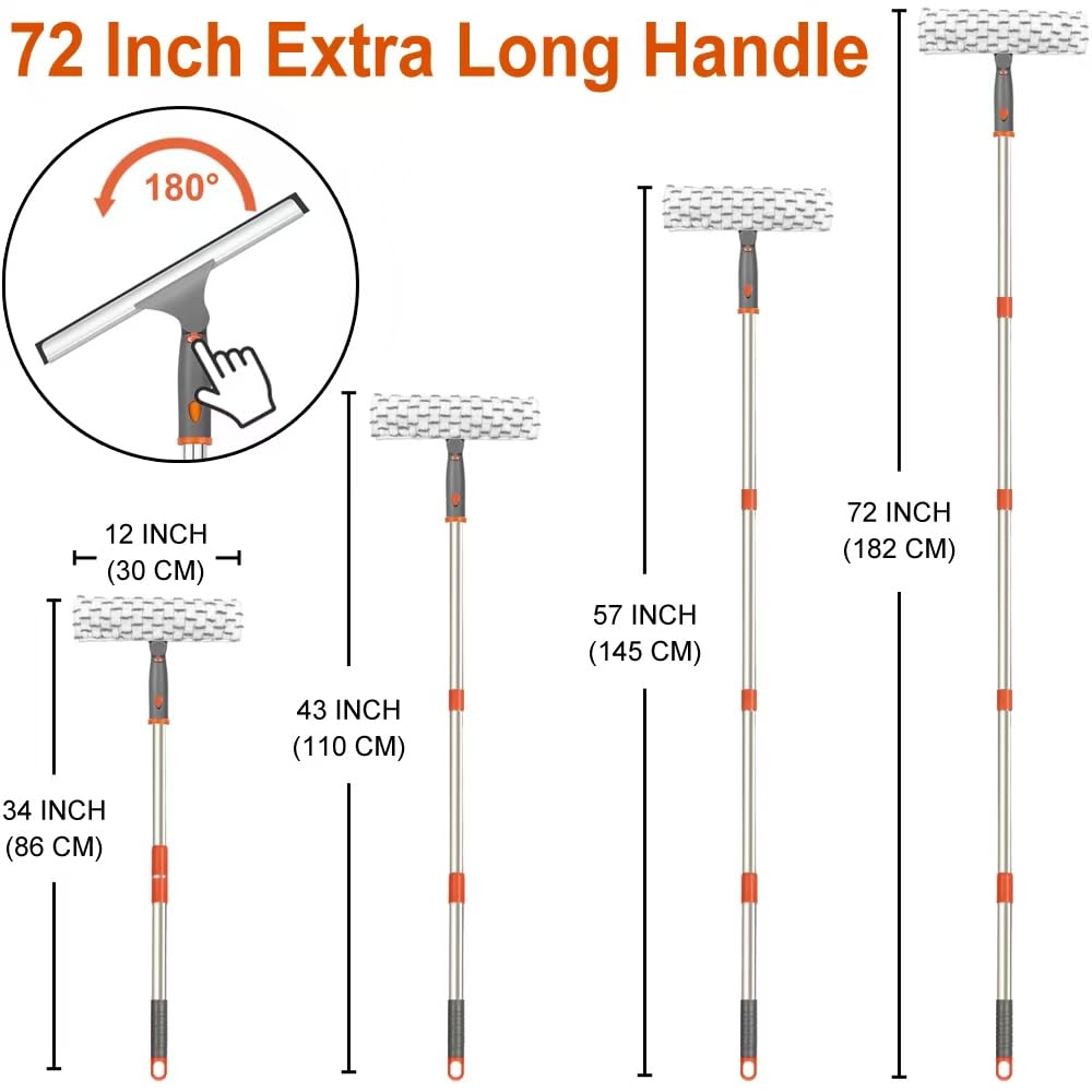 Window Squeegee Kit - 12" Squeegee & Microfiber Scrubber, 2 Reusable Pads, 72 Inch Long Handle,Streak-Free for Indoor Outdoor Home Glass Patio Door Car RV Spring Cleaning Tool