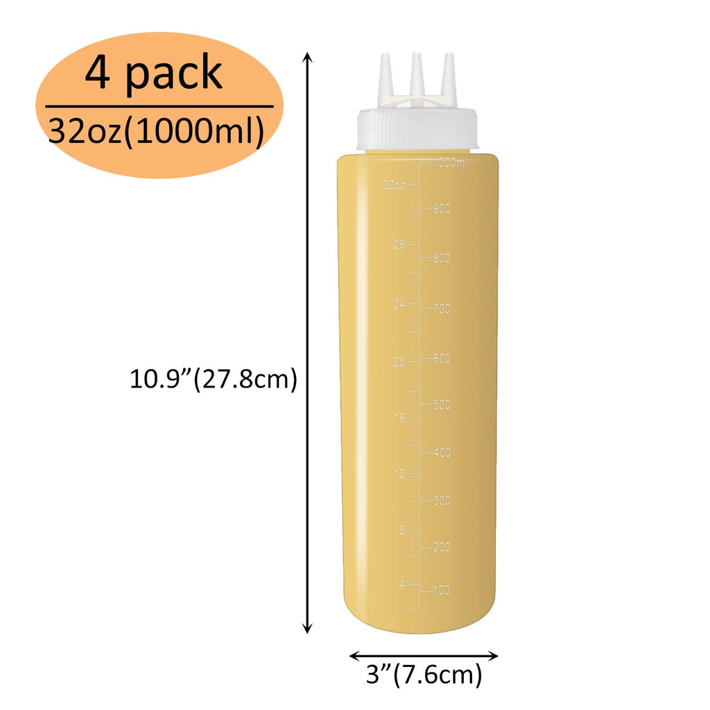 Belinlen 4 Pack 32oz Plastic Squeeze Condiment Bottles 3-Hole Condiment Squeeze Bottles Plastic Squirt Bottles for Ketchup, BBQ Dressing,Salad Etc