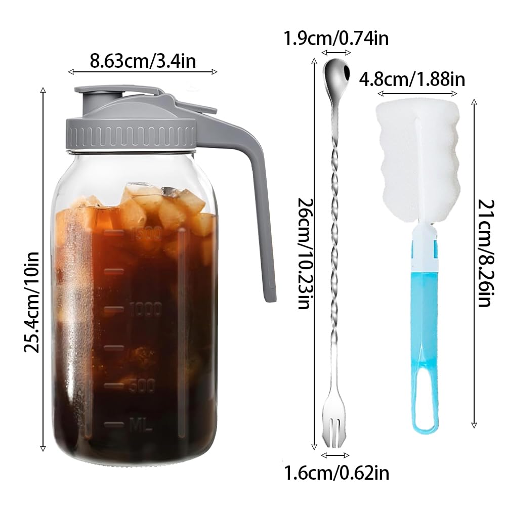 2 Pack 64oz 2 Quart Glass Mason Jar Pitcher Wide Mouth Jug with Lid and Pour Spout Airtight Seal Leak Proof for Iced Tea Milk Juice Cold Beverages Coffe (Black+Gray, 10.2X 4.3inch)