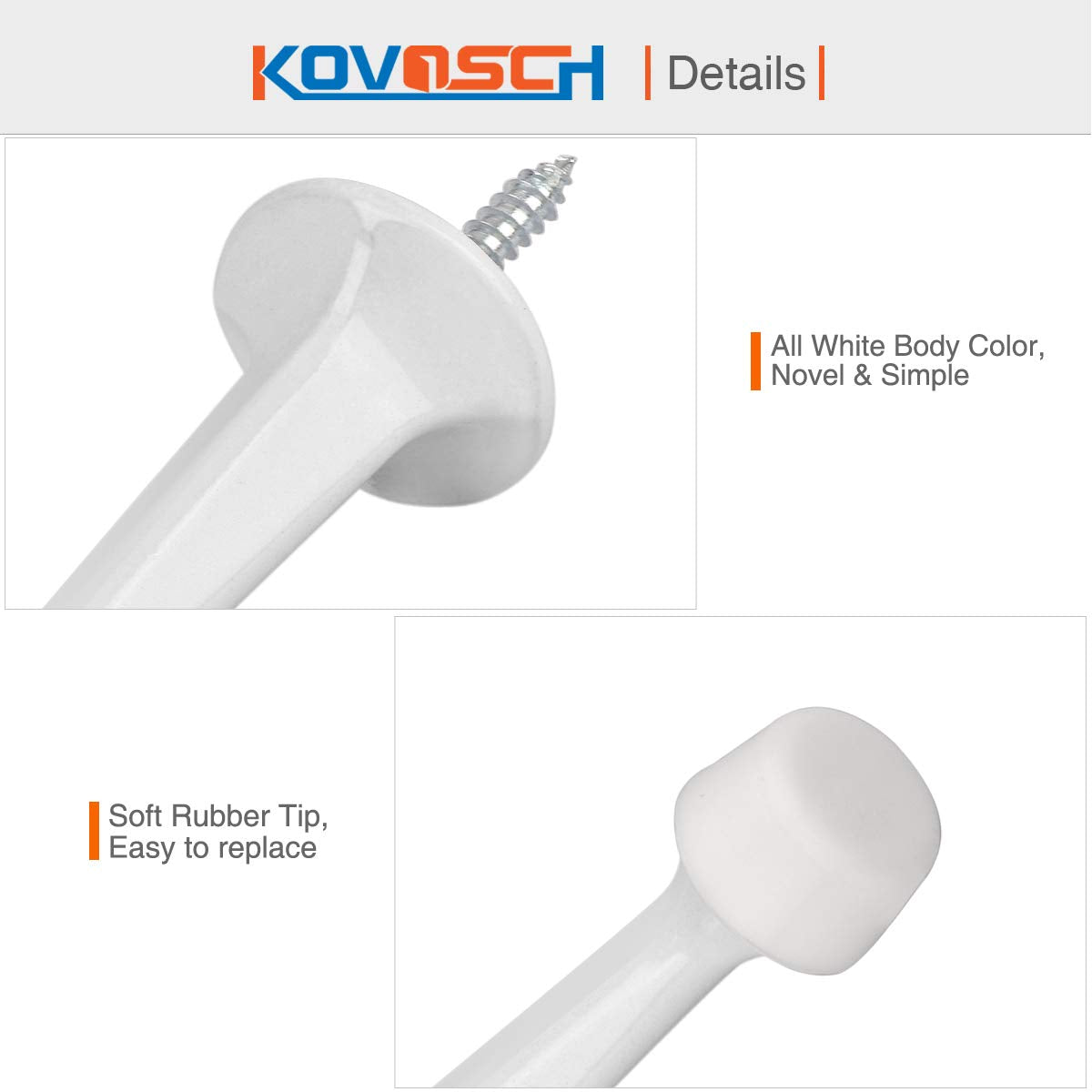 KOVOSCH 10 Pack Solid Rigid Door Stops - Heavy Duty Durable Door Stoppers Wall Protector with Soft Rubber Tips, White