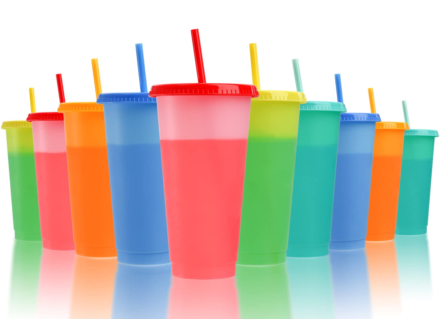 Lyellfe 10 Pack Color Changing Cups, 24 oz Leak-proof Water Tumblers with Lids and Straws, Plastic Cold Drink Summer Cups in Multicolors, Ideal for Adults Women Party