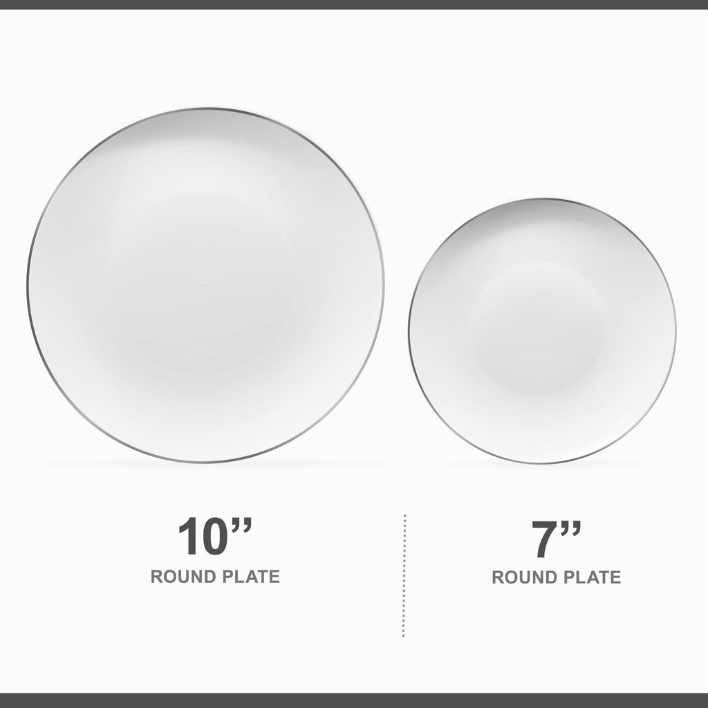 PLASTICPRO 32 Piece Combo Plates Set includes 16-7'' inch Plate & 16-10'' inch Plates White Plates with Silver Rim Plastic PartyPlate Premium heavyweight Elegant, Disposable, Tableware, Dishes,
