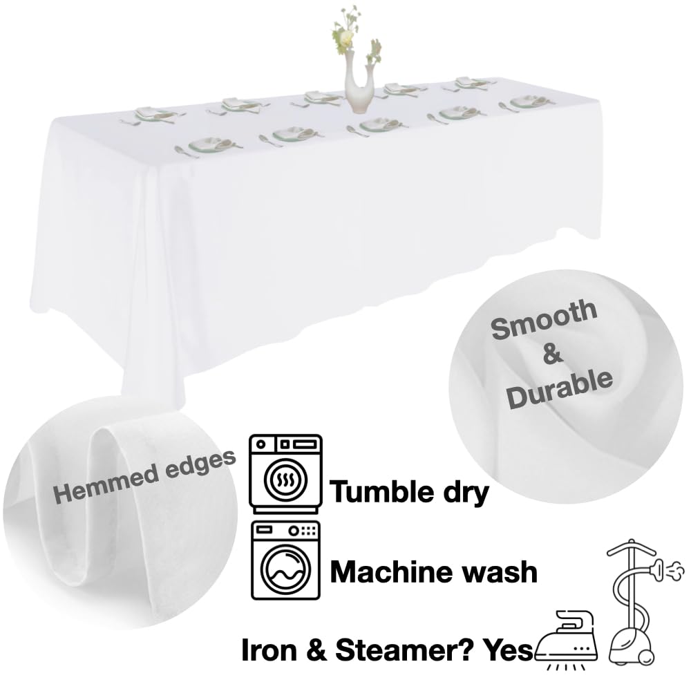 Urby White Tablecloth for 8+ft Rectangle Tables That Seats 8-10 Person, Manteles de Mesa De Tela para Fiestas de 8-10 Sillas, Machine Washable Reusable Polyester Table Cloths