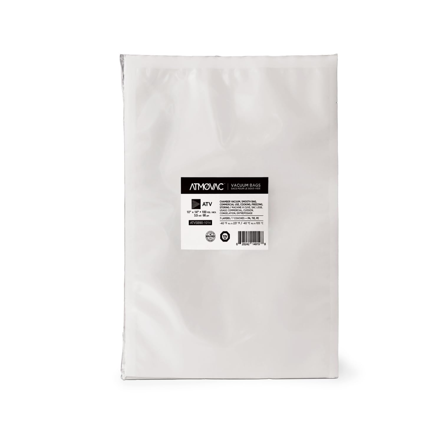 Atmovac ATVSB Channeled Vacuum Sealer Bags for Sous Vide 10" x 14" – 100 Bags – -40°F to 221°F – For Chamber & External Sealers – BPA-Free Food Storage