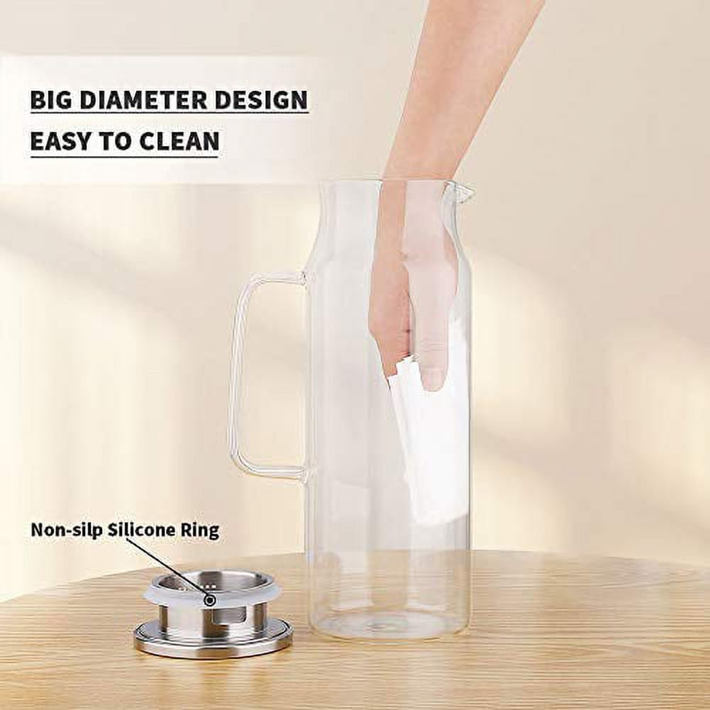 Sharemee - Glass Water Pitcher with Stainless Steel Lid, Wide Mouth with Handle, Easy Pour Spout Water Bottle Carafe Flask Glass Container, Good Heat Resistance Juice Jar Tea Infuser, 1200ml/42oz