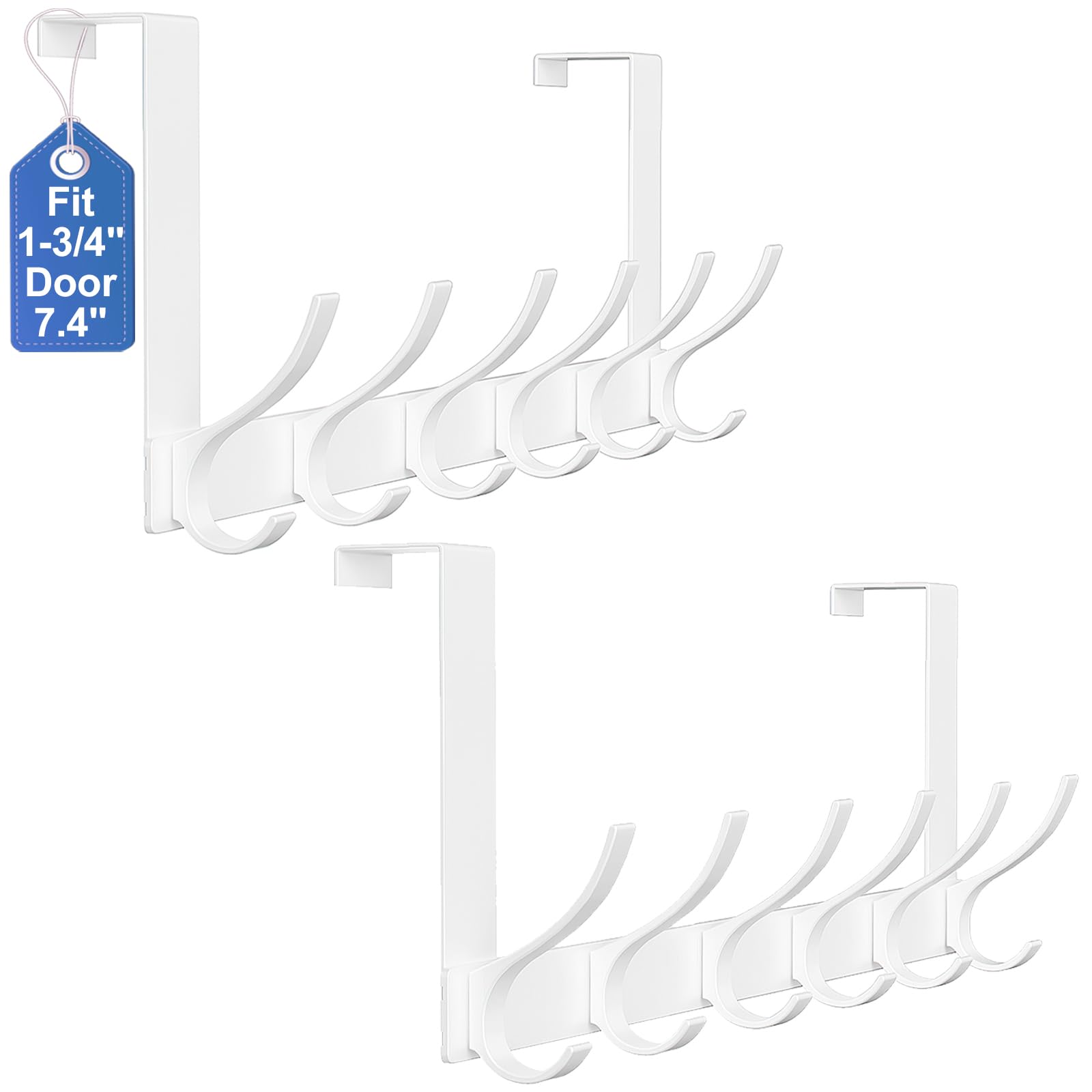 Peasulin 2 Pack Over The Door Hooks, Sturdy Door Hanger, Large Over The Door Towel Rack with 12 Hooks, Heavy Duty Easy to Install, for Bathroom, Bedroom，Kitchen，Hanging Towels, Coats (White)