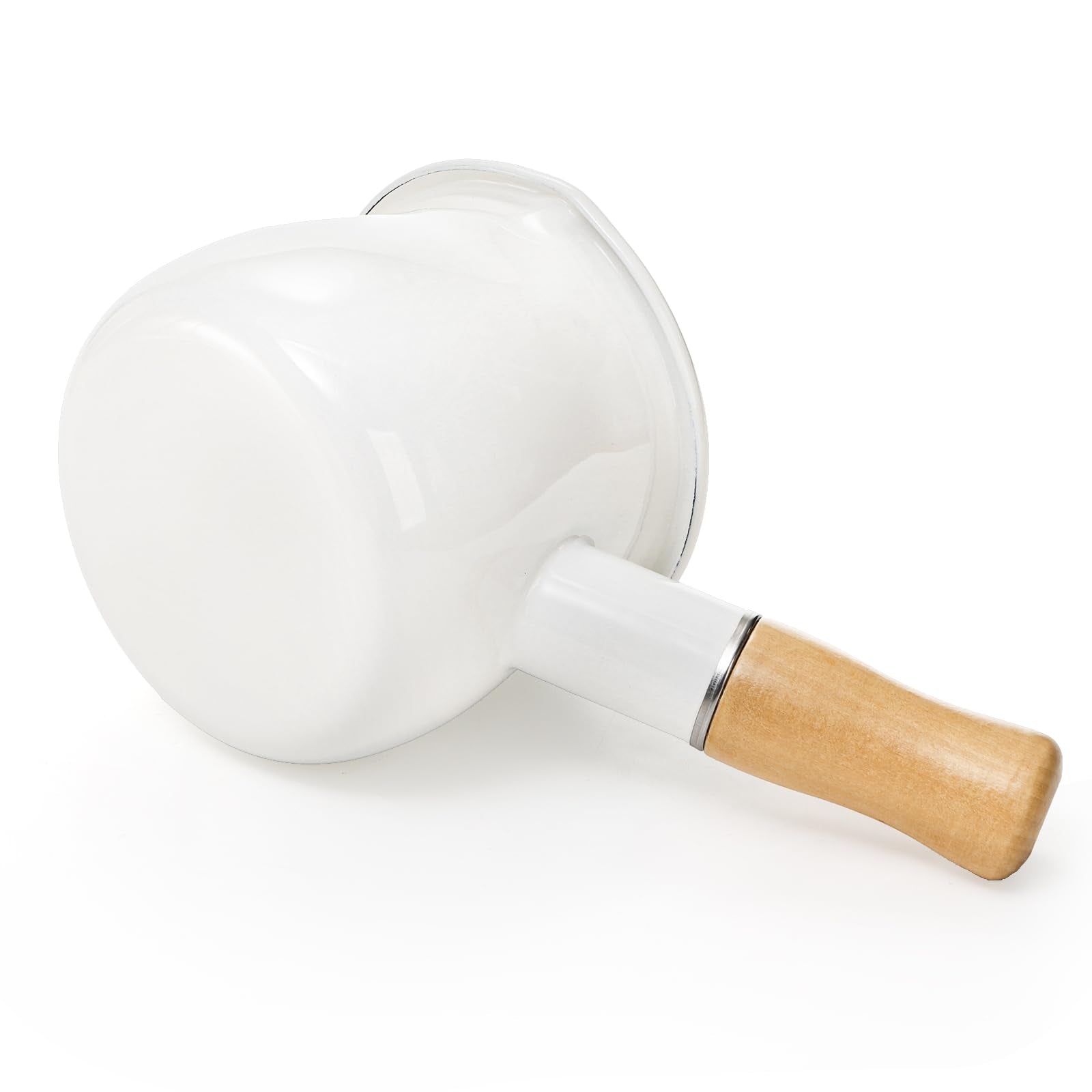 DEAYOU Enamel Milk Pot, 0.6 Quart Mini Butter Warmer Saucepan with Insulated Wooden Handle and Dual Pour Spout, Nonstick Small Soup Pot for Stove Top, Home, Kitchen, Cooking, Heating, Boiling, 18 Oz