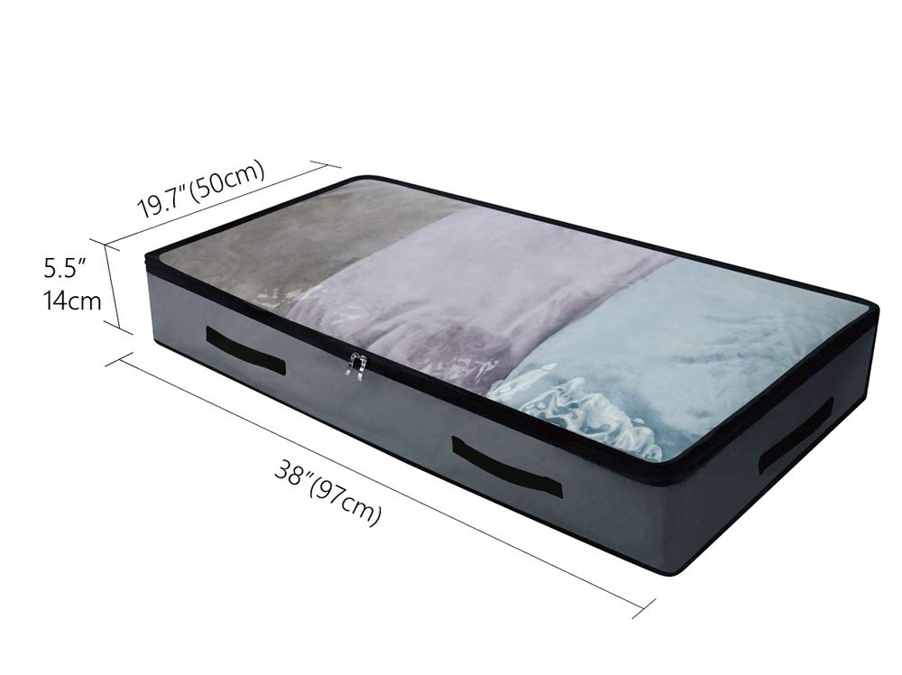 AMJ 2 Pack Soft Underbed Storage Containers with 4 Handles & Transparent Lid for Easy find,Durable Material, Foldable, Dark Gray