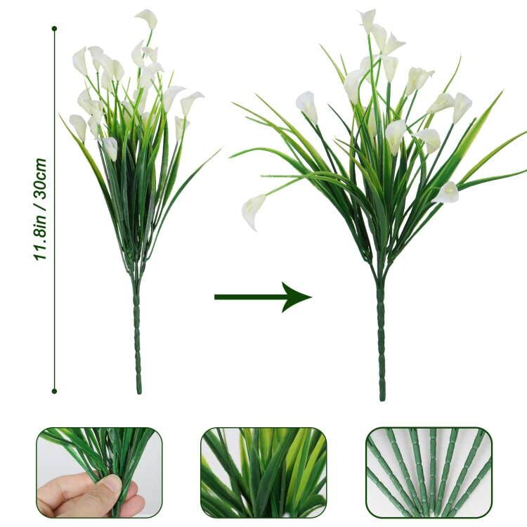 SOMYTING 8 Bundles Artificial Flowers Outdoors UV Resistant Faux Flowers Plastic Calla Lily Flowers Plants for Outside Hanging Planters Window Porch Home Garden Decoration (White)