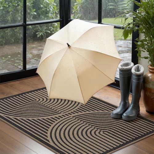 Front Door Mat Indoor Outdoor Mat for Entrance Mat Easy-Jute Entryway Mat-Mud Trapper Absorbent Low-Profile Fall Door Mats Entry Rug Arched Black 43x75cm