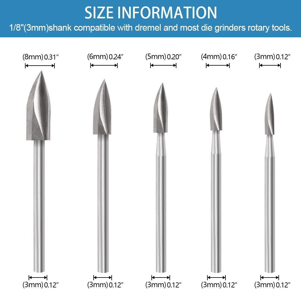 shengbenhao Wood Carving Drill Bit Set, 5 Pieces with 1/8 Inch Shank DIY Engraving Carving Drilling Grinding