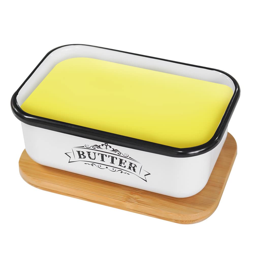 SOTECH Butter Dish with Lid for Countertop Small Metal Box and Thicker Bamboo Cover,Free Butter Keeper Vintage Farmhouse Style Butter Jar (Butter Box A)