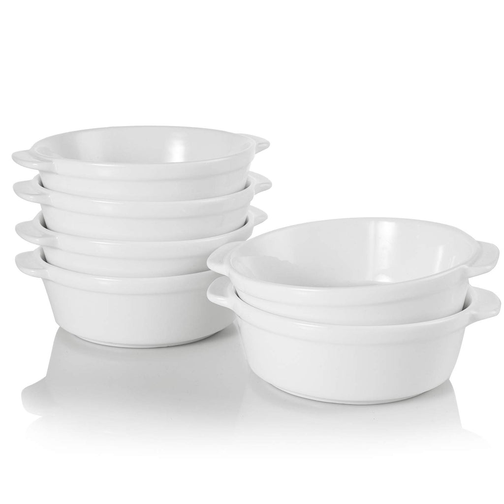 Foraineam 8 Pack 10 Ounce Porcelain Souffle Dishes with Double Handles Round Ramekins Bakeware Set for Pudding, Creme Brulee, Souffle