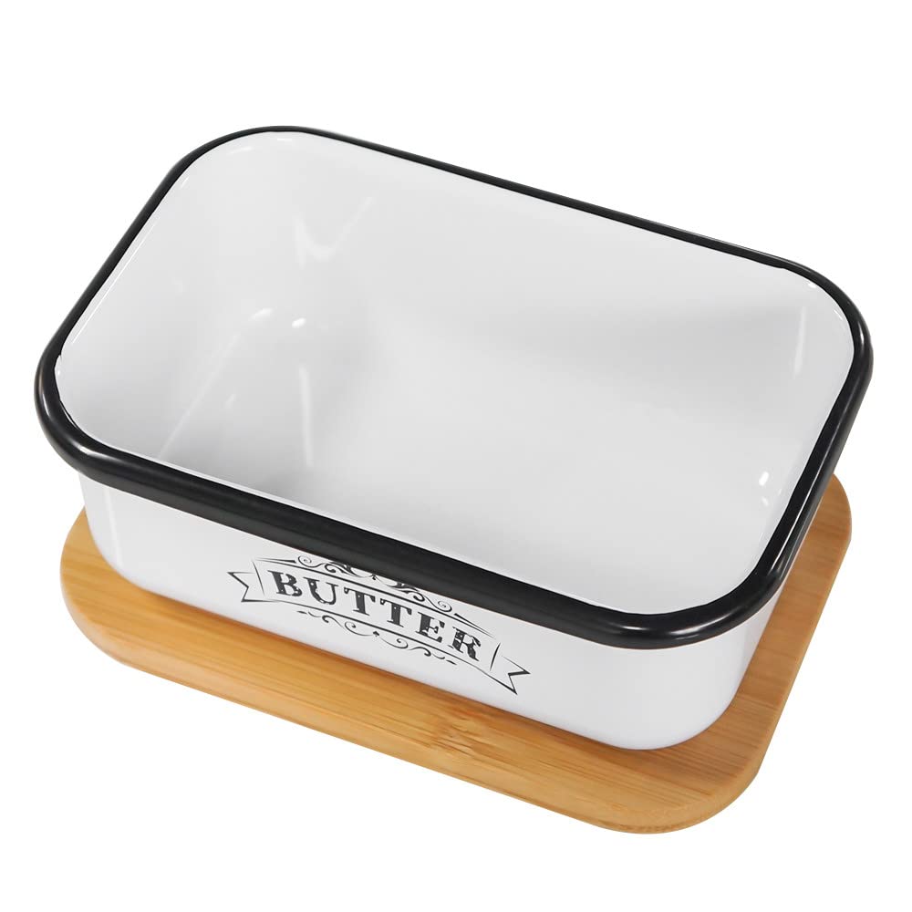 SOTECH Butter Dish with Lid for Countertop Small Metal Box and Thicker Bamboo Cover,Free Butter Keeper Vintage Farmhouse Style Butter Jar (Butter Box A)
