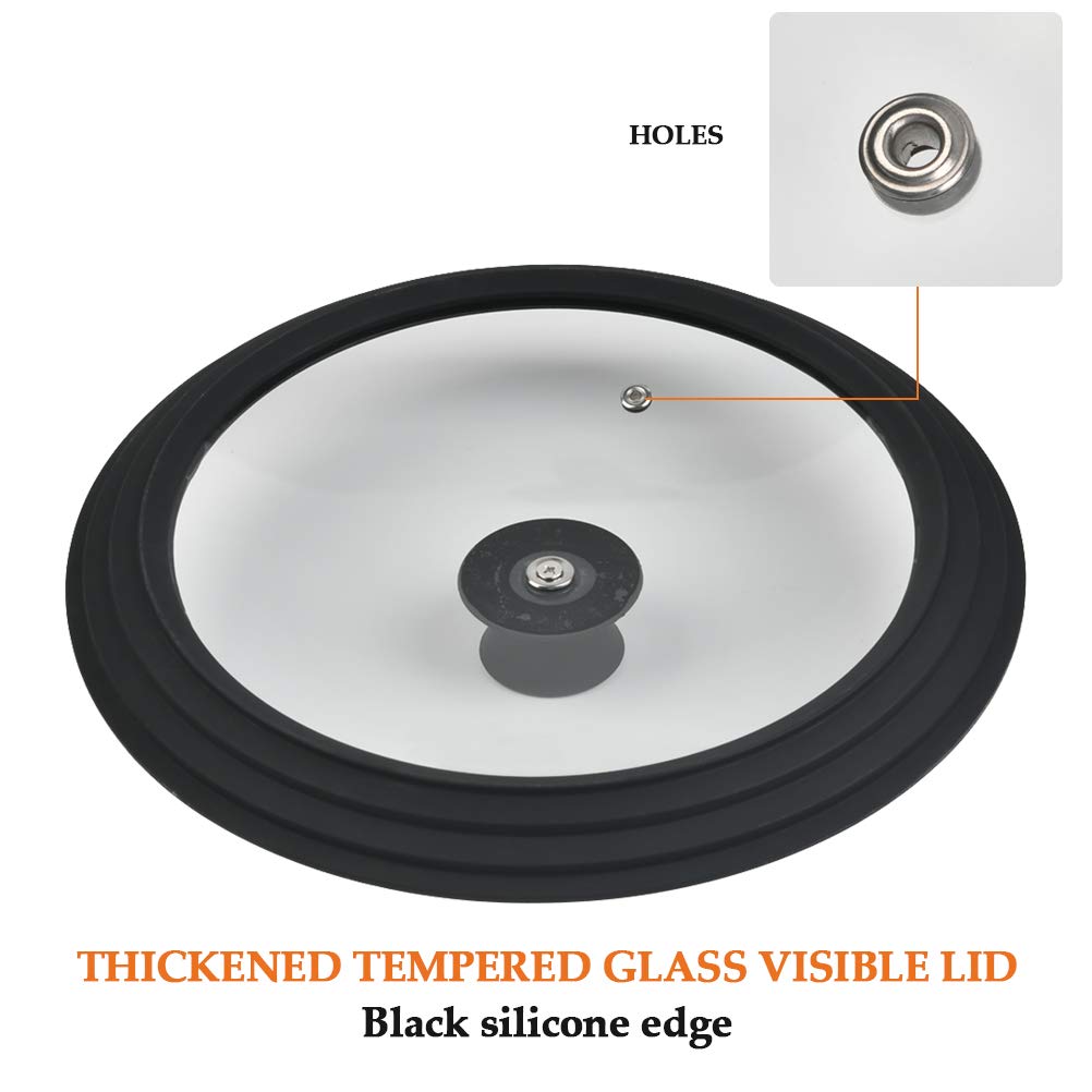 TIMESETL Universal Lid for Pots, Pans and Skillets, Anti Scalding Tempered Pot Lid with Heat Resistant Silicone Rim Fits Sizes 24/26/28cm Diameter Cookware, Black